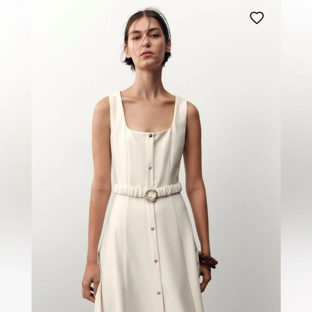 Zara NWT Cream Sleeveless Faux button Midi Dress attached Gold belt size Large - Picture 2 of 12